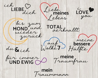 May include: A collection of text-based designs in various fonts and colors, including phrases like "I love you," "Love of my life," and "To the moon and back." The designs are suitable for SVG and DXF files.