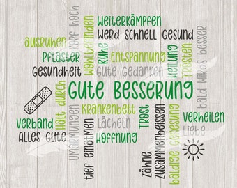 Gute Besserung Wortwolke Worte Spruch Schriftzüge Schriftzug Plotterdatei SVG DXF Download ideeviduell