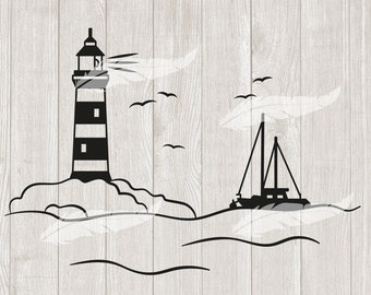 Leuchtturm Silhouette Szene Schiff maritim Plotterdatei SVG DXF Download