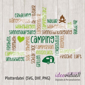 Könnte beinhalten: Eine grüne und braune Wortwolke mit dem Wort "Camping" in der Mitte. Die Wortwolke enthält Wörter wie "Natur", "Abenteuer", "Freiheit", "Wohnmobil", "Feuerstelle", "frische Luft" und "Sonnenuntergänge".