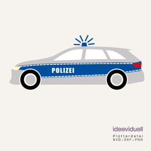 Könnte beinhalten: Illustration eines grauen Polizeiautos mit blauem Streifen und dem Wort "POLIZEI" in Weiß. Das Auto hat ein blaues Blaulicht und schwarze Räder. Das Design ist eine Vektorgrafik.