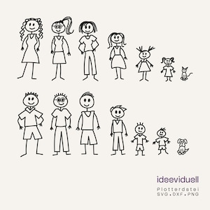 以下が含まれることがあります： 家族の白黒線画で、両親、子供、ペットが含まれています。人物はシンプルな表情の棒人間です。画像には「ideeviduell」というテキストとファイルの種類情報が含まれています。