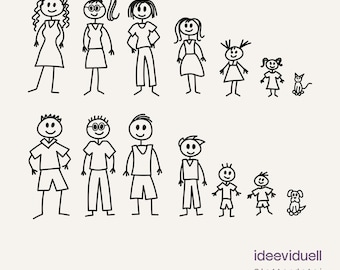 Archivo para plotter de familia de figuras de palitos SVG DXF JPG | Familia con perro y gato | Descarga digital