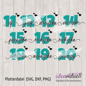 Könnte beinhalten: Zehn türkisfarbene Zahlen mit schwarzen Umrissen und schwarzem Text, jede Zahl steht für eine Zahl von elf bis zwanzig in deutscher Sprache. Die Zahlen sind in drei Reihen angeordnet, mit drei Zahlen in jeder Reihe. Die Zahlen befinden sich auf einem weißen Holzgrund.