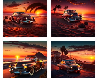 Oldtimer Auto, Strand, JPG, Sonnenuntergang, digitale Datei, Foto, Bild, für Poster oder Leinwand, Download