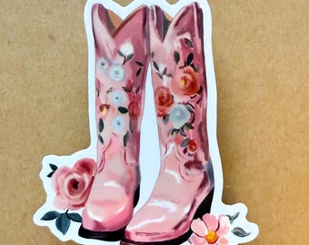 Pink Floral Western Cowgirl Boots Sticker