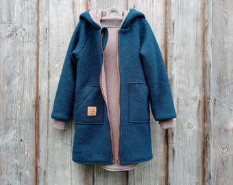 Walkmantel/Wollwalkjacke (Foto dunkelpetrol) ab 62-68 bis 140-146, Futter: Baumwollsweat einfarbig,Baumwolljersey mit Muster oder einfarbig.