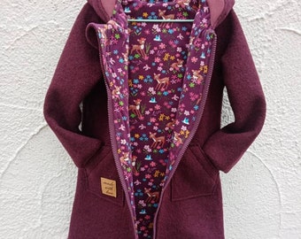 Walkmantel/ Wollwalkjacke (Foto Aubergine,) für Kinder ab Größe 62-68 bis 140-146 Futter : Baumwolljersey mit Muster oder einfarbig.