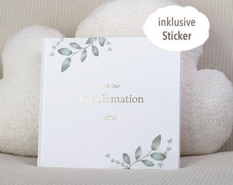 Gästebuch "Meine Konfirmation" – Erinnerungsbuch Mädchen und Jungen | Beige, Blau & Greenery | Leinen, Goldprägung, Sticker, 72 Seiten