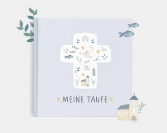 Erinnerungsbuch Taufe „Meine Taufe“ Blau | Taufbuch zum Ausfüllen & Gästebuch | Hardcover 21x21 cm, 60 Seiten | Goldfolienprägung