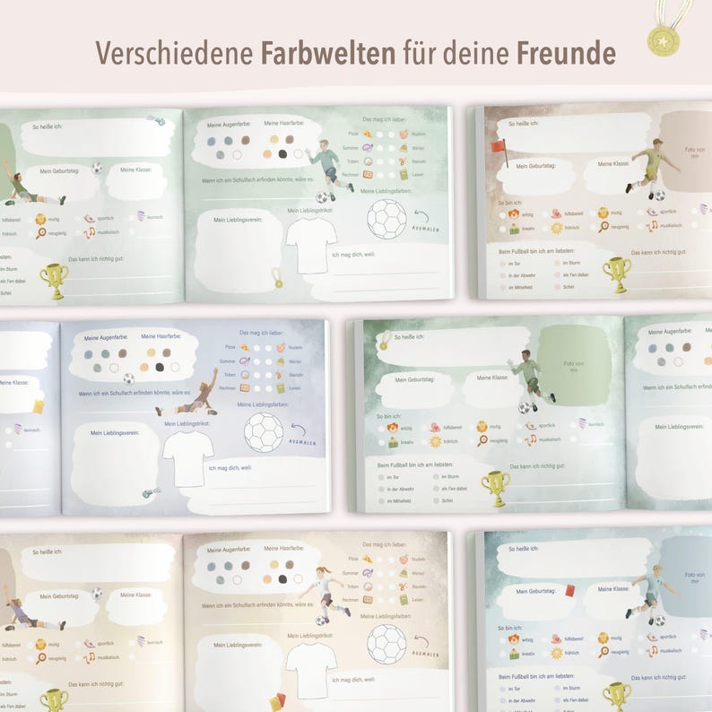 May include: A set of six colourful pages with a football theme. Each page has a different colour scheme and includes a variety of activities, such as colouring, drawing, and writing. The pages are designed to help children learn about football and have fun at the same time.