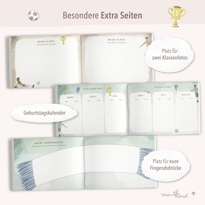 May include: A green and white scrapbook with a football theme. The cover features a football and a trophy. The inside pages include space for photos, a birthday calendar, and fingerprinting.
