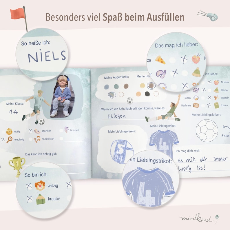 May include: A blue and white personalised activity book for kids with the name "NIELS" on the cover. The book has a football theme and includes questions about favourite colours, sports, and hobbies.