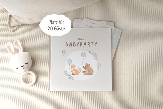 Babyparty Gästebuch mit Fragen – Erinnerungsbuch & Ratespiel für 20 Gäste – Hardcover Babyshower Buch Rosa/Salbei/Beige