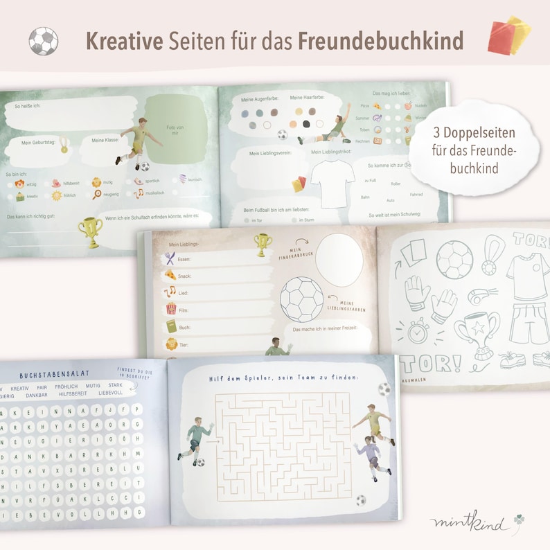 May include: A set of three double-sided pages for a friend's book, featuring activities and games related to football. The pages include a word search, a maze, and a drawing section with football-themed images.