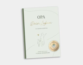 Può includere: Un libro verde chiaro con le parole tedesche "OPA Dein Leben" in lettere dorate. Il libro presenta un disegno a tratto di una persona e di un bambino, e un adesivo dorato con testo. Il titolo del libro si traduce in "Nonno La Tua Vita".