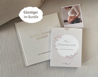 May include: A beige journal with the text "Unter meinem Herzen" and a heart symbol. A beige card with the text "Mama Schwangerschaft Meilensteinkarten" and a floral design. A photo of a pregnant woman in a white shirt and jeans. The text "Günstiger im Bundle" is on a white circle.