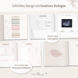Pu&ograve; includere: Un diario di gravidanza beige chiaro aperto, con accenti rosa e verdi. Il diario presenta pagine per note settimanali, immagini ecografiche e spazio per le foto. Il testo include "Schlichtes Design mit kreativen Vorlagen" e "Platz f&uuml;r deine Lieblingsfotos."