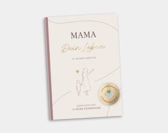 May include: A softcover book with a cream-colored cover and a pink spine. The cover features the word "MAMA" in a dark burgundy font, with "Dein Leben" in gold script. Below is a line drawing of a mother and child.