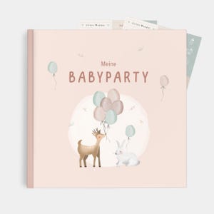 May include: A pink baby shower guest book with the text "Meine Babyparty" and illustrations of a deer and a rabbit with balloons.