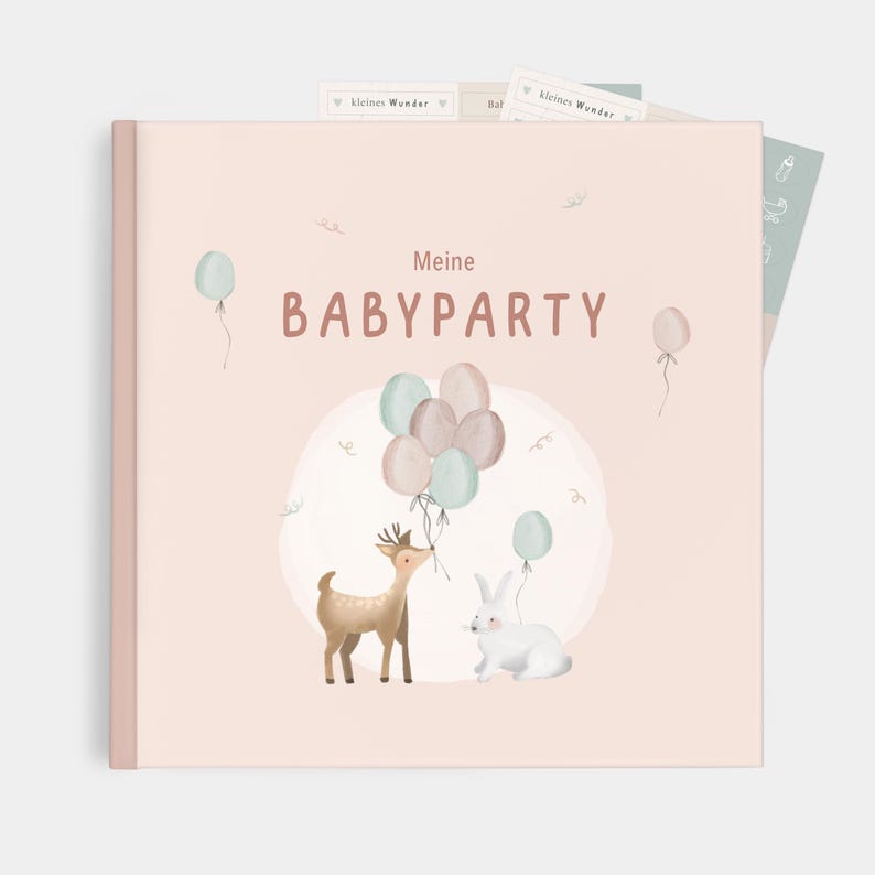 May include: A pink baby shower guest book with the text "Meine Babyparty" and illustrations of a deer and a rabbit with balloons.