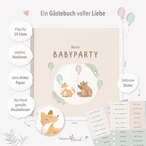 May include: A light pink and light blue baby shower guest book with a watercolor illustration of a fox and a bear holding balloons. The book is 8.25 inches by 11 inches and has a hard cover. It includes 20 pages for guests to write messages and stickers.