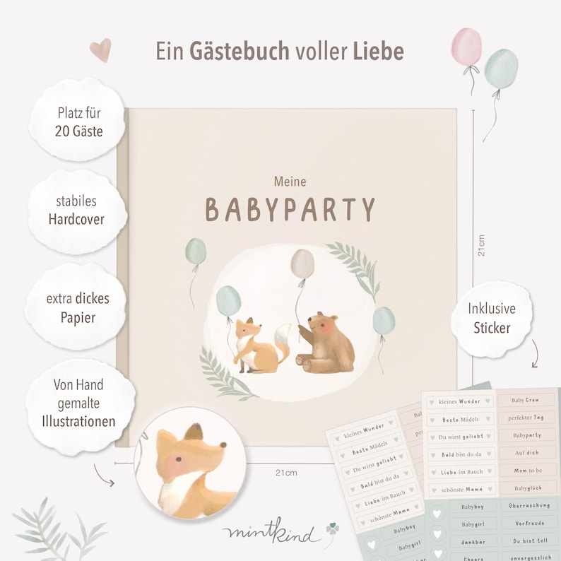 May include: A light pink and light blue baby shower guest book with a watercolor illustration of a fox and a bear holding balloons. The book is 8.25 inches by 11 inches and has a hard cover. It includes 20 pages for guests to write messages and stickers.