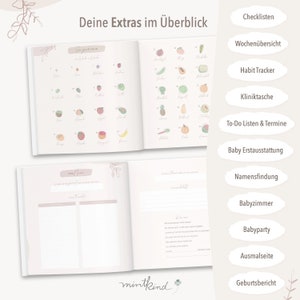 Pu&ograve; includere: Un diario di pianificazione per bambini con il testo "Deine Extras im &Uuml;berblick" e sezioni come "Checklisten" e "Baby Erstausstattung". Il diario include illustrazioni di frutta e verdura, con spazio per note e liste. Il diario &egrave; rosa chiaro e bianco.