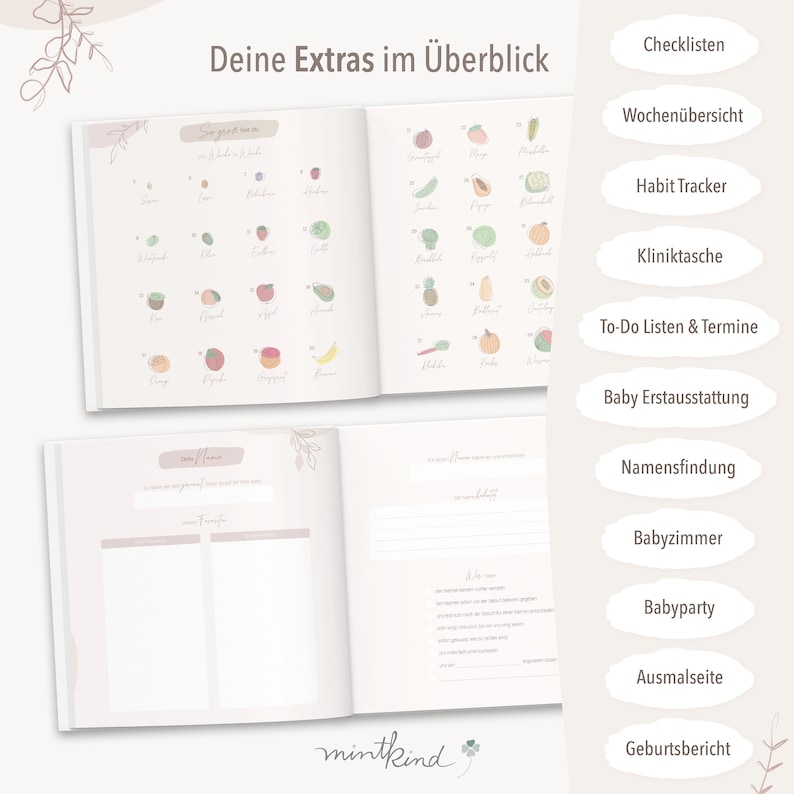 Pu&ograve; includere: Un diario di pianificazione per bambini con il testo "Deine Extras im &Uuml;berblick" e sezioni come "Checklisten" e "Baby Erstausstattung". Il diario include illustrazioni di frutta e verdura, con spazio per note e liste. Il diario &egrave; rosa chiaro e bianco.