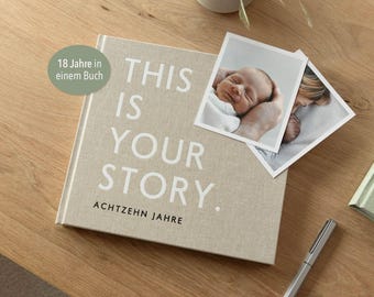 Erinnerungsbuch 18 Jahre Kindheit – Hardcover Leinen Beige/Salbei/Rosa, 168 Seiten für die wichtigsten Momente von Geburt bis 18. Geburtstag