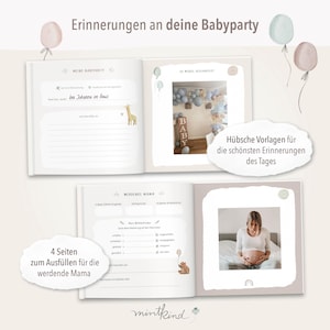 May include: A light blue and white baby shower memory book with a giraffe illustration, a photo of a decorated room with balloons, and a photo of a pregnant woman. The book has the text "Erinnerungen an deine Babyparty" and "Meine Babyparty" on the cover.