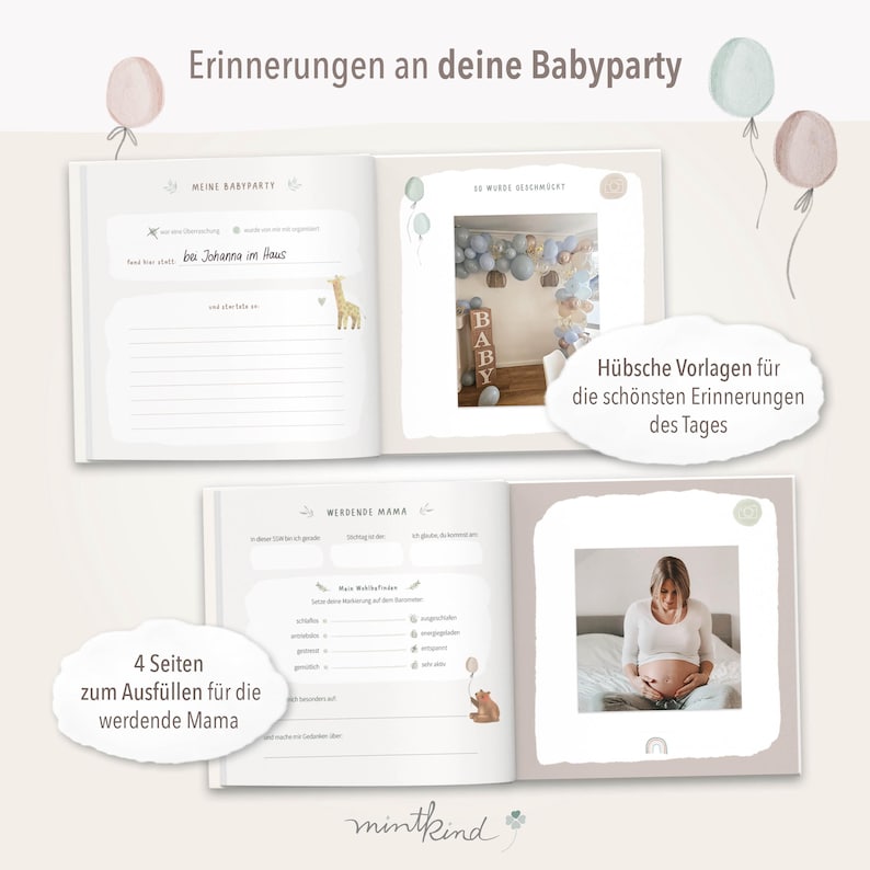 May include: A light blue and white baby shower memory book with a giraffe illustration, a photo of a decorated room with balloons, and a photo of a pregnant woman. The book has the text "Erinnerungen an deine Babyparty" and "Meine Babyparty" on the cover.
