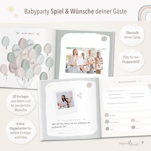 May include: A baby shower game book with a light blue and pink watercolor design. The book includes a section for guests to write wishes, a section for a group photo, and a section for the expectant parent to track their pregnancy journey. The book also includes 20 game templates and 4 blank pages for additional entries and photos.