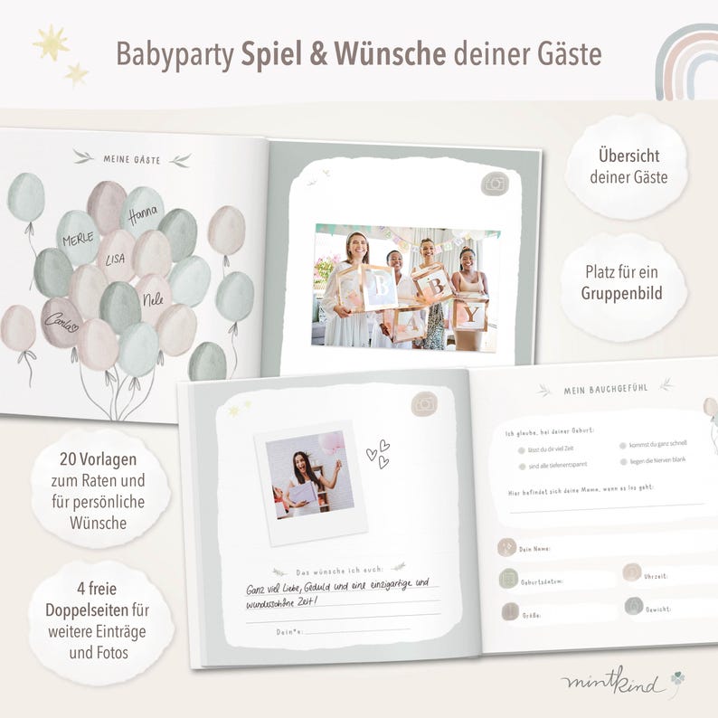 May include: A baby shower game book with a light blue and pink watercolor design. The book includes a section for guests to write wishes, a section for a group photo, and a section for the expectant parent to track their pregnancy journey. The book also includes 20 game templates and 4 blank pages for additional entries and photos.