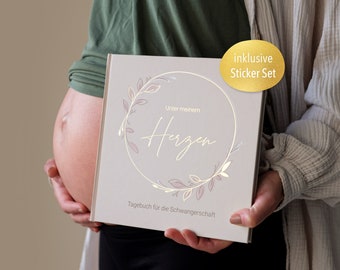 Schwangerschaftstagebuch zum Ausfüllen – Erinnerungsbuch & Ratgeber für 40 Wochen – Leinen Hardcover inkl. Sticker – Geschenkidee