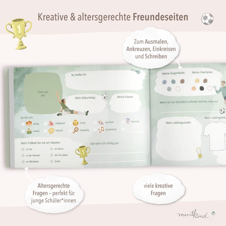 May include: A green and white illustrated book with a football theme. The book has a title that reads "Kreative & altersgerechte Freundeseiten". The book is open to a page with a football player illustration and a section for a child to fill in information about themselves. The book is designed for children to complete with drawings, writing, and other activities.