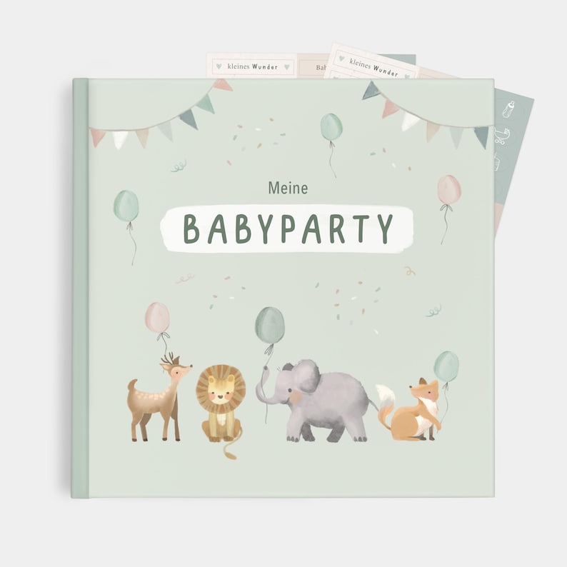 May include: A green baby party scrapbook with the text "Meine Babyparty" on the front. The cover features a cute illustration of a deer, lion, elephant, and fox with balloons and confetti.