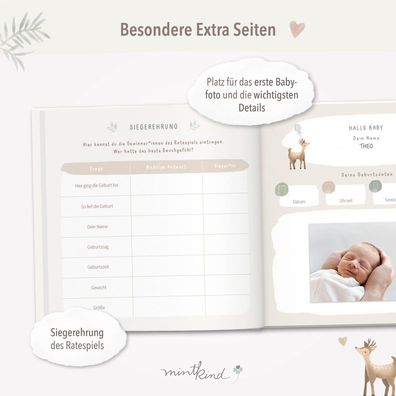 May include: A baby book with a light brown cover and a deer illustration. The book has a section for a baby's first photo and details about their birth. The text on the cover reads "Besondere Extra Seiten" and "Hallo Baby".