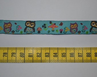 Woven ribbon, border, owls, flowers, turquoise, children, 1 meter