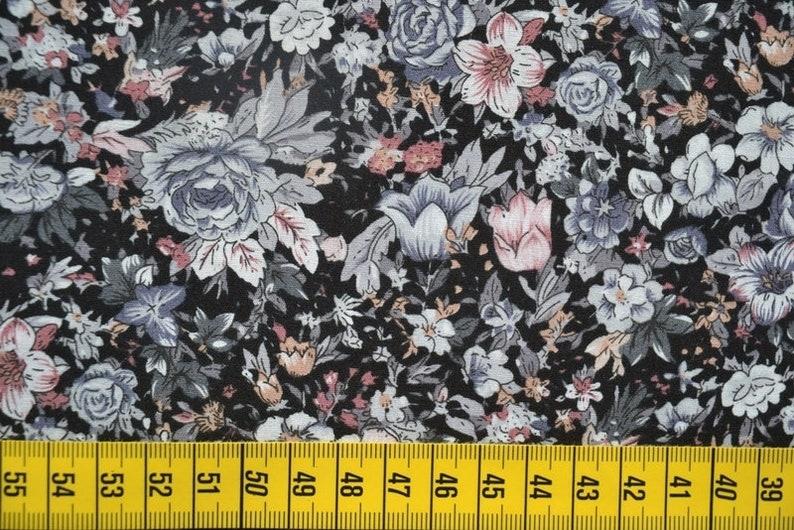 patchwork fabric, cotton fabric, stray flowers, roses, black, grey, pink, 0.5 meters image 1