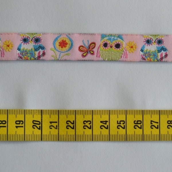 Webband, Eulen, Schmetterlinge, Blümchen, rosa, bunt, Kinder, 1 Meter