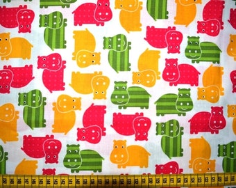 hippos, cotton fabric, patchwork fabric, hippos, children, green,pink, white, yellow, 0.5 meters