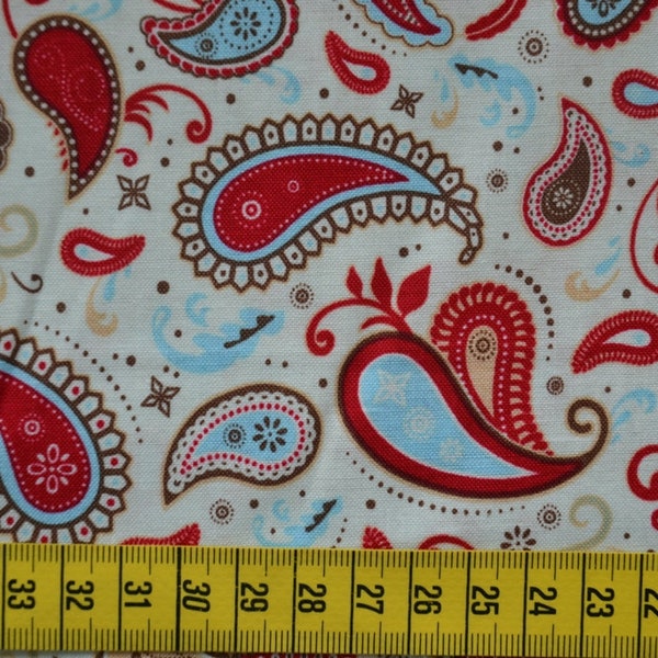 Riley Blake, Designer Stoff, Paisley, beige, rot, hellblau..., 0,5 Meter