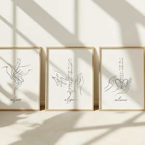 Arte quiropráctico minimalista: conjunto de 3 impresiones de arte lineal / Decoración para consultorio quiropráctico / Ajuste, alineación y alivio / Descarga digital