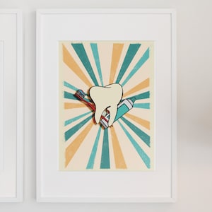 Tooth Print, Tooth art, Dentist wall decor, Teeth print, Printable, dentist office, tooth, bathroom art, kid bathroom art, 70&#39;s Style Poster