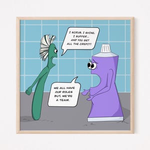 Lustiges Zahnarzt Büro Poster – Zahnbürste gegen Zahnpasta als Streit, Zahnarzt Humor, Hygieniker Geschenk, Zahnarztpraxis Wandkunst, Printable Decor