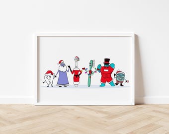 Holiday Dental Tools Art Print: Festive Tooth & Dentist Office Decor, Vector (Digital Download)