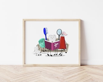 Funny Tooth & Dental Family Art Print: Whimsical Dentist Decor (Digital Download)