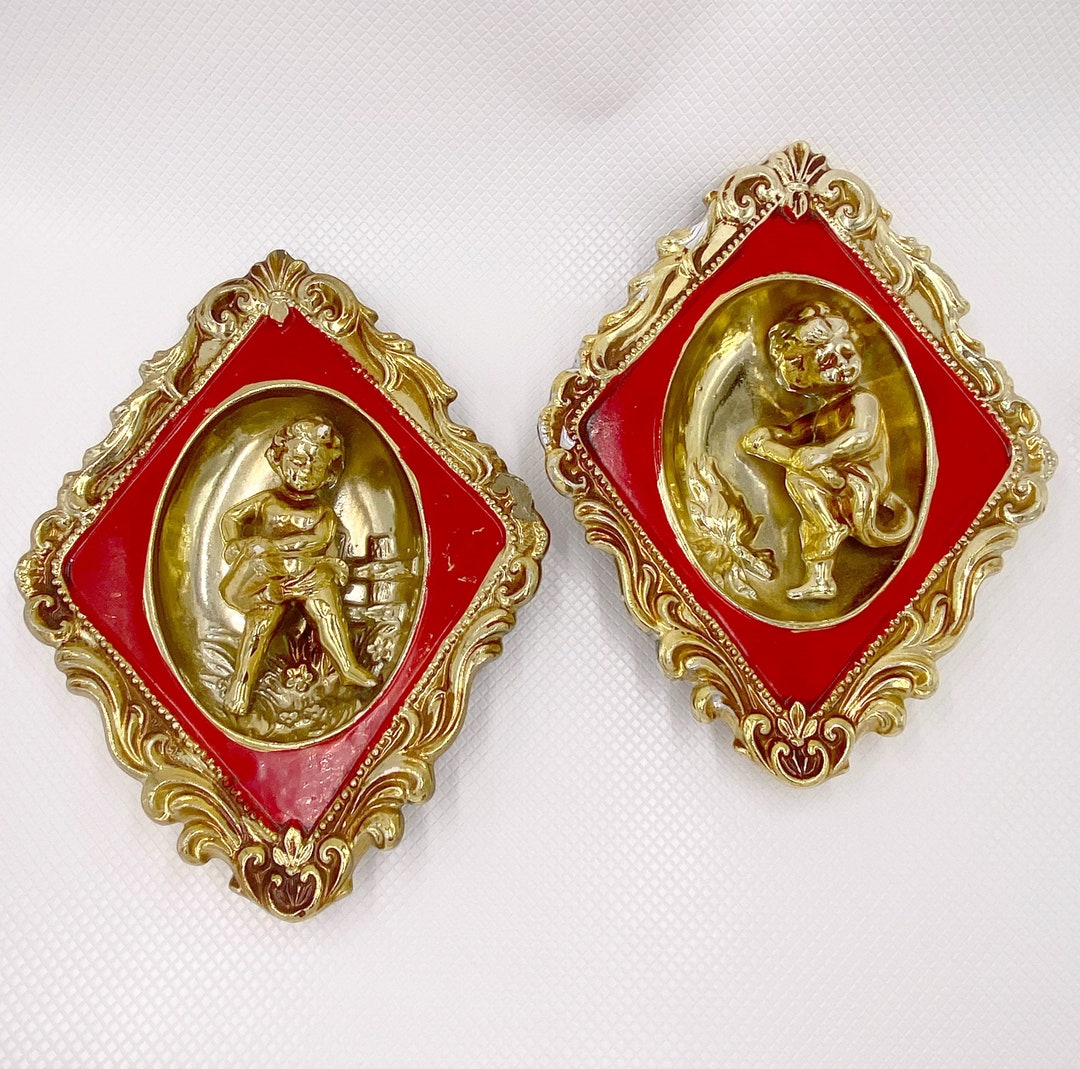 Vintage Porcelain Hollywood Regency Wall Decor Art Red and Gold Wall