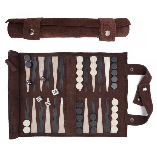 SPECIAL GUT backgammon de voyage en cuir véritable (couleur: moka)